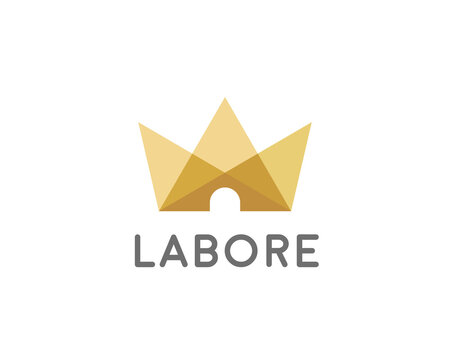 Gold minimalist crown or abstract castle shape logo. Premium logotype for corporate business, luxury brand and professional consulting agency branding.