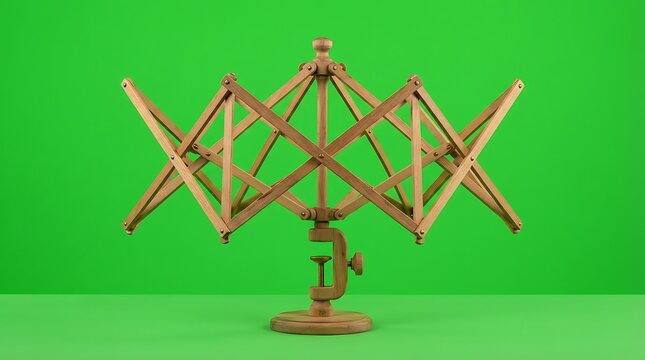 A vintage wooden yarn swift standing against a solid bright green background