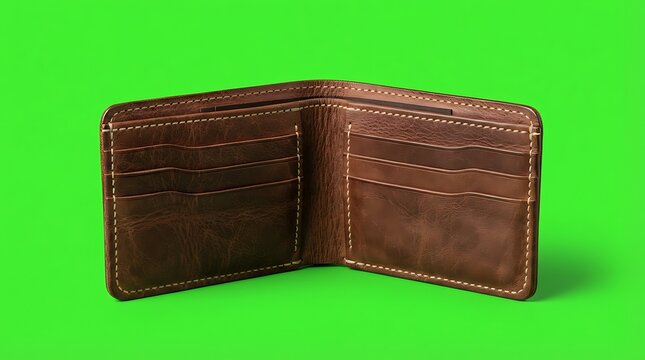 A classic brown leather bifold wallet displayed against a green background