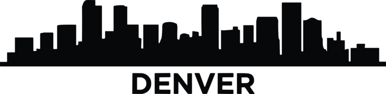 Denver City Skyline Black Silhouette with Bold Typography on White Background