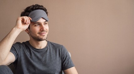 Fototapeta premium A young man with dark hair wearing a grey t-shirt and a grey sleep mask on his forehead, ad social media download thambnail poster web template event festival 2026 2027 2028