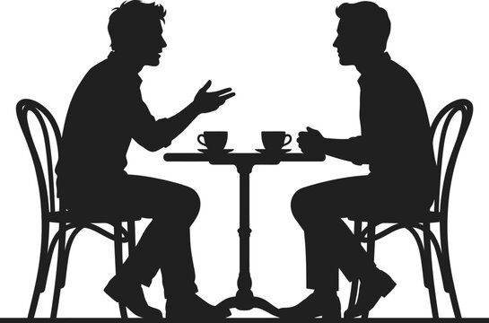 Silhouette of two men talking at a cafe table, male friends drinking coffee in a restaurant, business meeting vector illustration