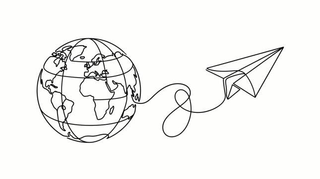 Continuous line drawing of paper plane flying around globe. Minimalist world travel vector. Global logistics and communication concept.