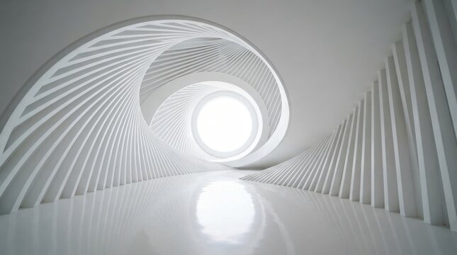 Vortex shaped white architectural tunnel with spiral structural ribs leading to a bright glowing light source ahead