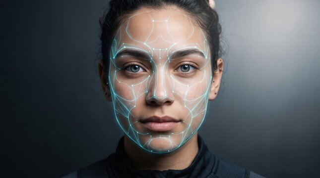 young woman with digital facial recognition mesh overlay on dark background