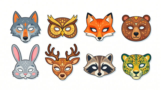 Set of eight cute animal face masks for children