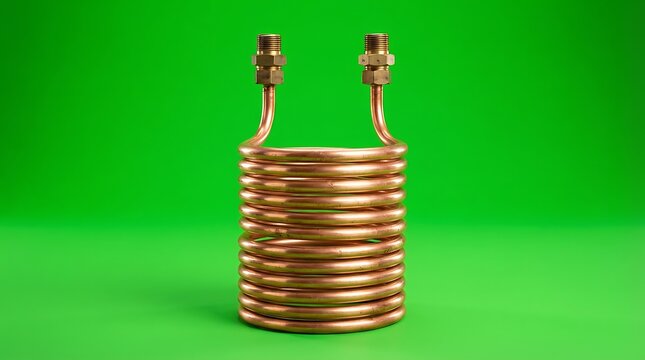 A shiny coiled copper heat exchanger tube isolated on a vibrant green background