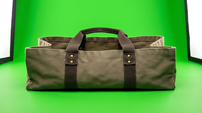 Olive green canvas tool bag with dark leather straps on green background