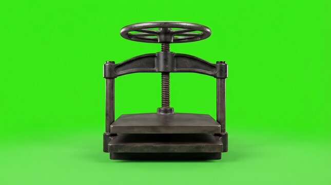 A vintage cast iron book press isolated against a vibrant green background