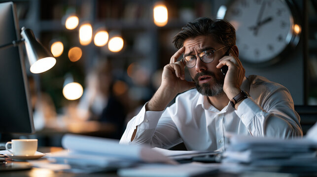 Busy professional suddenly realizing an important meeting was forgotten, looking at wall clock and phone with alarmed expression, half-finished work on desk, realistic office