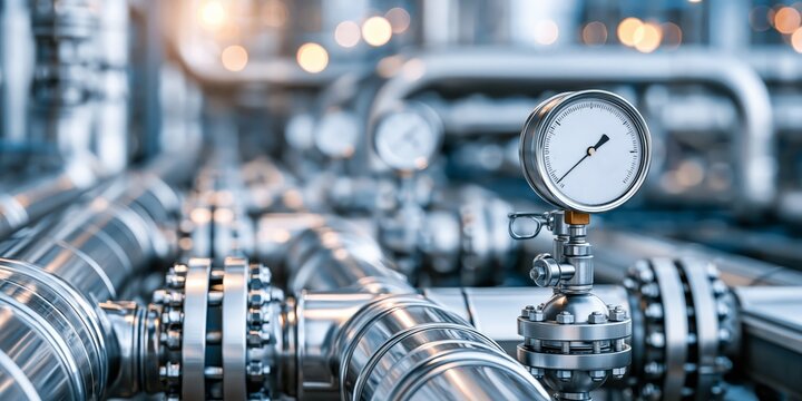 Close-up of industrial metal pipes and a pressure gauge in a factory setting with soft bokeh background.