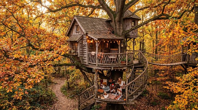 Cozy treehouse retreat in autumn forest with woman reading