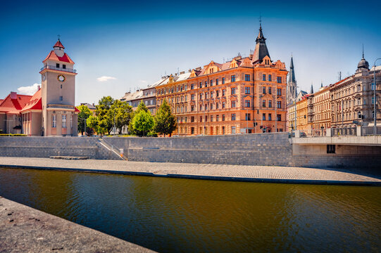 Astonishing summer view of Evangelical Church of Czech Brethren in Olomouc and old colorful building. Splendid cityscape of Olomouc town, eastern province of Moravia, Czech Republic, Europe. 