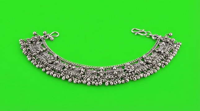 A traditional oxidised silver anklet featuring intricate ethnic patterns