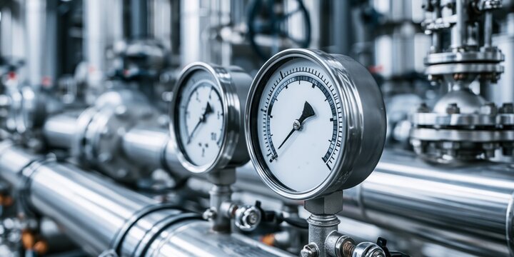 Close-up of industrial pressure gauges on stainless steel pipes in a factory setting with shallow depth of field.