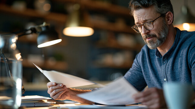Middle-aged man opening an official court summons at home, serious concerned expression, envelope and paperwork on table, realistic legal stress, no readable names or case details.