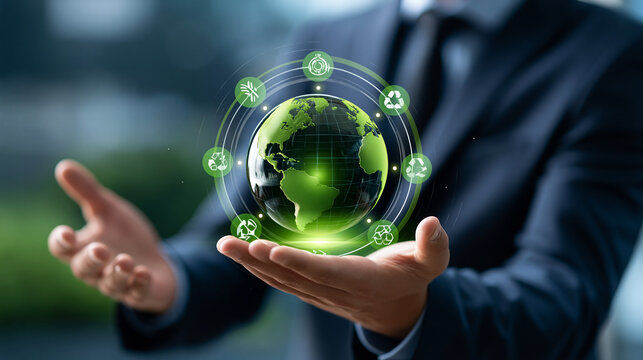 Faceless businessman holding a glowing green globe with carbon reduction symbols around it, low carbon economy, sustainable business, climate responsibility, green investment,
