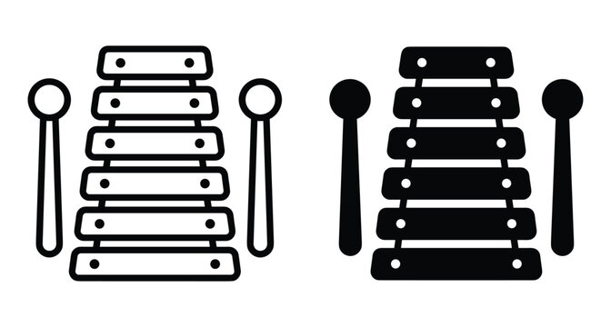 Xylophone icon set with mallets in outline and solid black styles for music education percussion instrument design and web interface