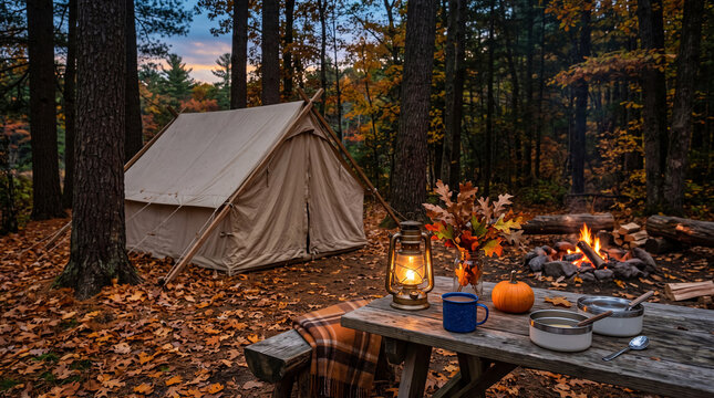 Cozy canvas tent pitched in autumn forest featuring warm lantern light on rustic wooden picnic table during serene fall evening