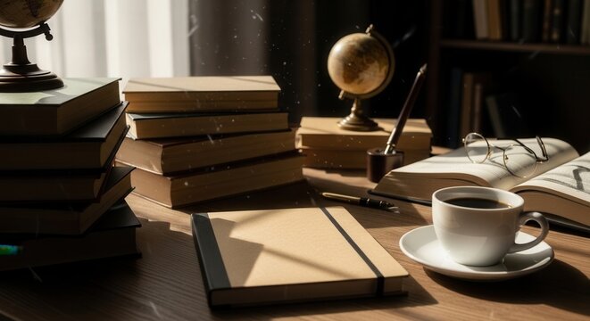Vintage Study Desk With Books Globe And Coffee Cup