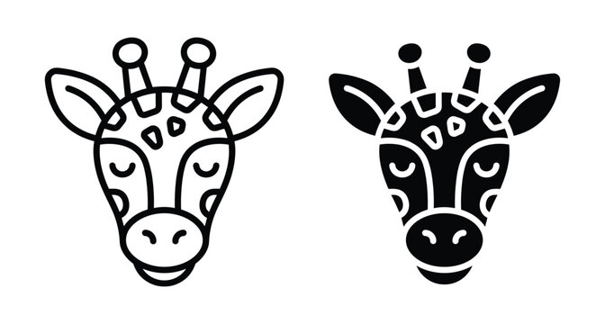 Giraffe head icon set featuring outline and solid black silhouette styles for wildlife conservation animal logo design and nature branding