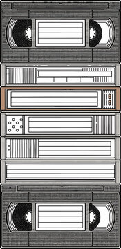 A stack of vintage vhs video cassette tapes arranged vertically against a plain white background