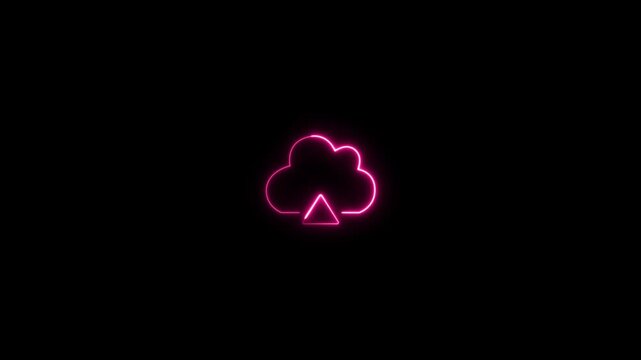 Glowing pink neon cloud with upload arrow animation on a black background, digital storage, data transfer, database hosting, or network connection