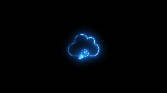 Glowing blue neon cloud with key access symbol animation on black background, data protection, cyber security, cloud computing, or server storage