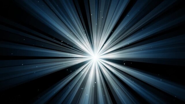Abstract white light burst with radiant blue rays and glowing particles on dark background for cinematic motion graphics.