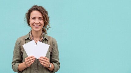 Obraz premium A young woman with curly hair wearing a green shirt and backpack, holding two blank white ad social media download thambnail poster web template event festival 2026 2027 2028
