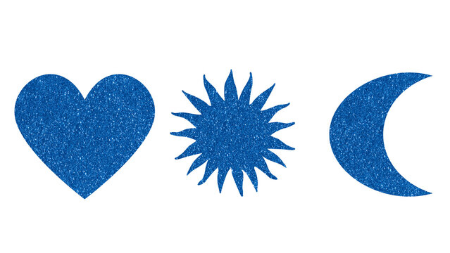 Blue glitter heart sun and moon icons set, sparkling celestial shapes on white background. Shimmering navy blue textured symbols for greeting cards. Festive glittery heart sun and moon clipart.