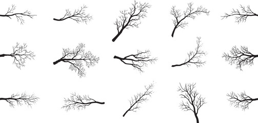 Obraz premium Black tree branch silhouettes. Leafless twig collection. Nature design elements.
