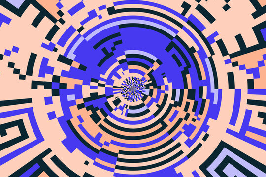 Abstract pixel art background with circular geometric patterns. Retro digital glitch texture in purple and peach. Modern mosaic vortex design for tech branding and creative web wallpapers.