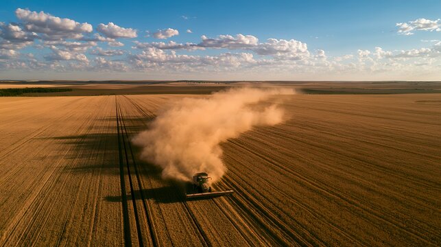 Combine harvesting a wheat field at sunset creating dust cloud