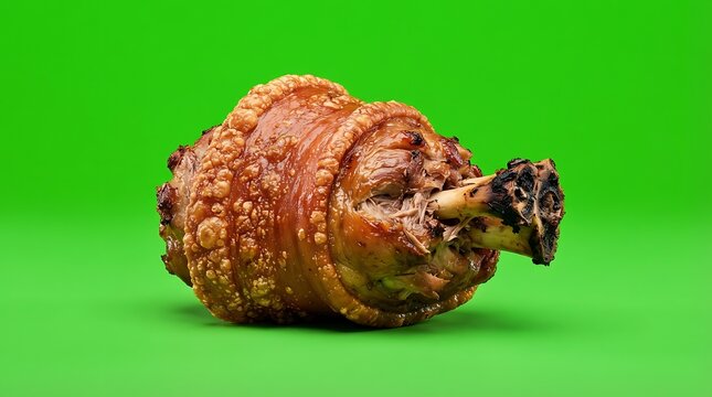 A detailed close up shot of a roasted pork knuckle on a vibrant green background