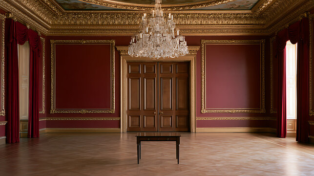 A magnificent royal ballroom featuring opulent red and gold decor, ornate crystal chandelier, wooden doors, and elegant antique furniture