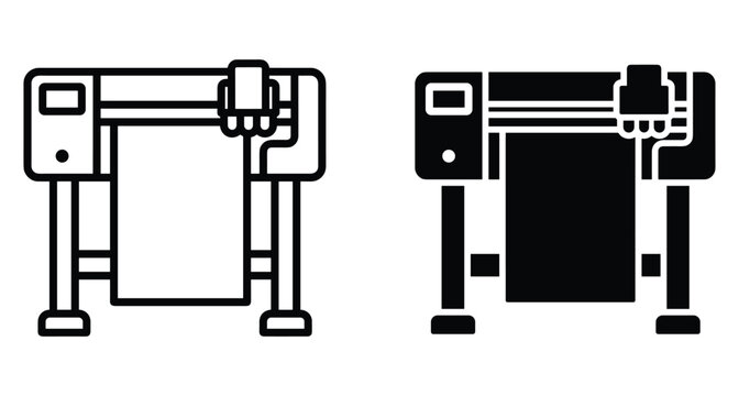 Large format printer plotter icon set in outline and solid black style for professional printing industry and graphic design office equipment