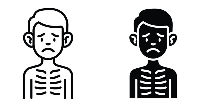 Malnourished person icon showing visible ribs and sad face representing hunger starvation poverty health issues medical condition symptoms body weakness