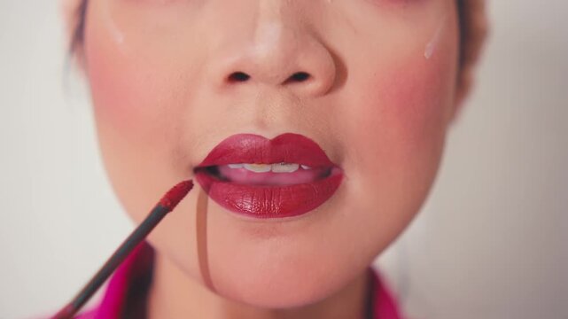 Close-up Applying Red Lipstick and Puckering Lips