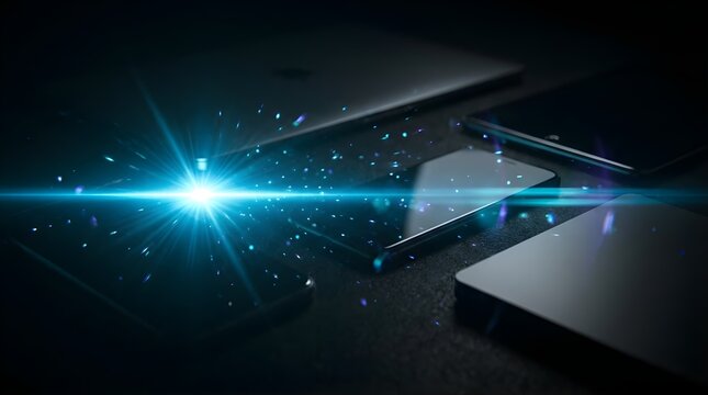 Digital technology devices with blue neon light flare on dark background