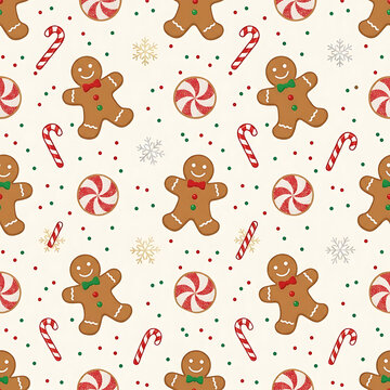 Gingerbread men and candy canes cute Christmas seamless pattern holiday background