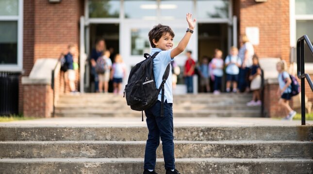 Little boy with backpack waving goodbye in front of school building on first day of classes. Happy kid going back to school. Childhood education and learning concept for start of new school year.