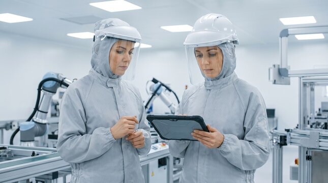 Two women engineers in protective coveralls and face shields using tablet computer in cleanroom of modern factory. Female machine operators controlling robotic