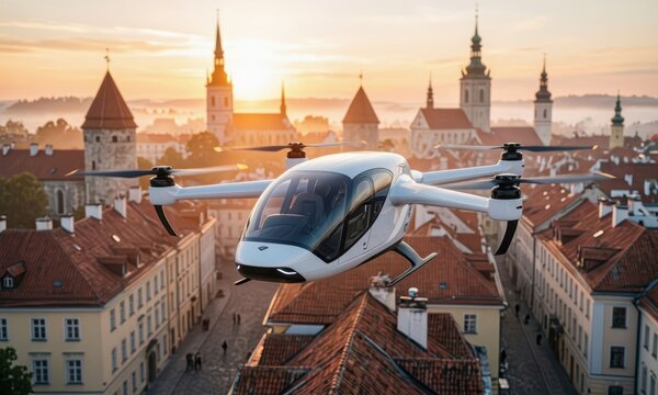 A sleek vtol air taxi glides above the rooftops, showcasing the evolving urban landscape. This vtol air taxi operates in a picturesque city, enhancing modern transportation.