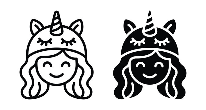 Girl wearing unicorn hat icon set with line and solid versions featuring horn ears wavy hair and smiling face