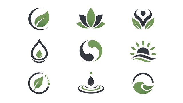 Collection of nine abstract eco logo templates, nature symbols and water drop icons, green organic concepts, environmental vector set