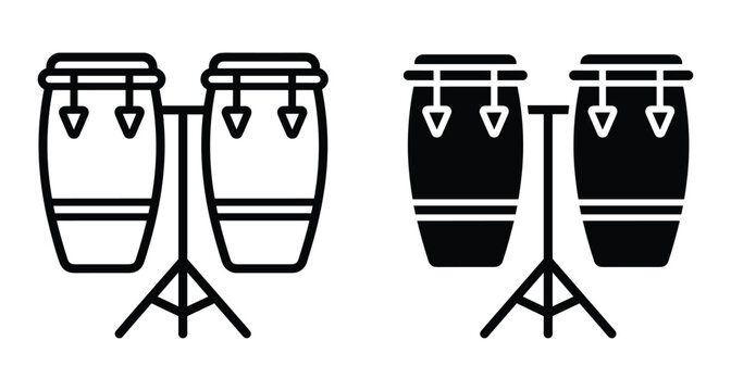 Conga drum icon set featuring outline and solid black silhouette styles for music production percussion instrument design and rhythmic performance