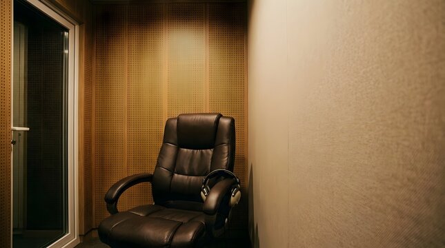 Empty brown leather studio chair with headphones in a professional soundproof recording booth with wood panels