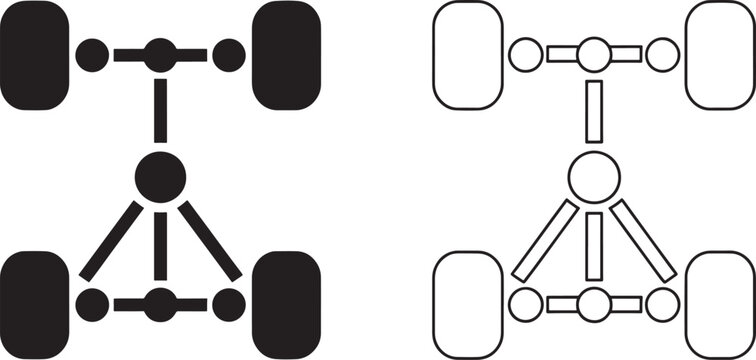 A comparison showing solid black and outlined schematic diagrams of a four wheel vehicle drivetrain system