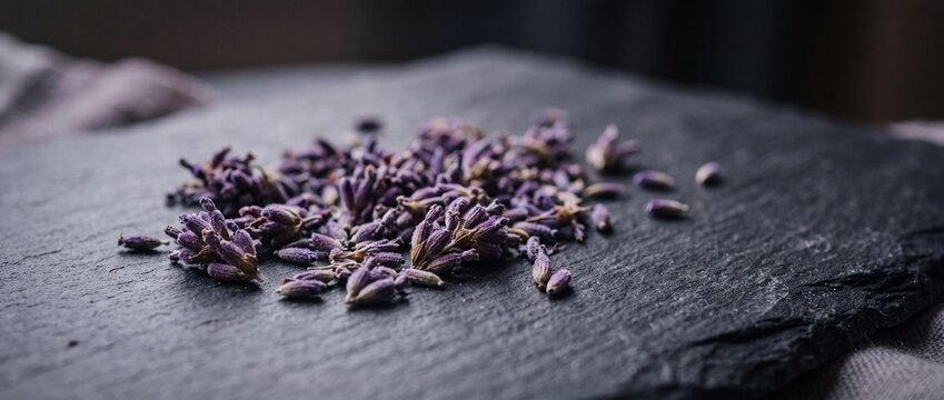 Dried lavender flowers scattered on dark slate background providing aromatic botanical texture for spa wellness and culinary garnish usage